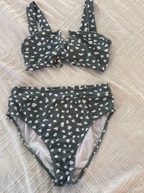 High-Waist Two-Piece Bikini Set - Olive Green with White Spot Print